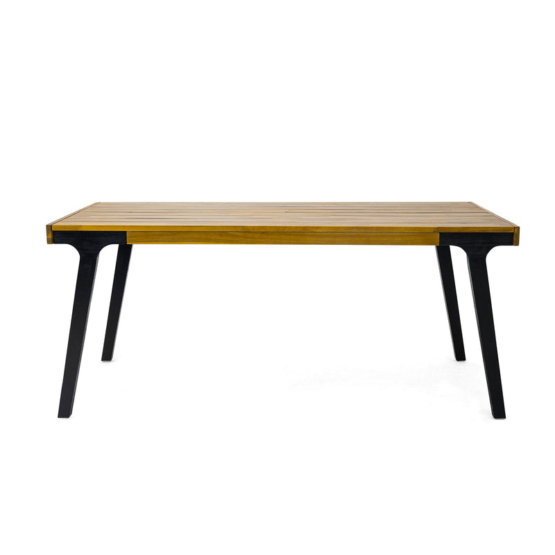 Acacia wood patio dining table by Noble House, 69-inch rectangular outdoor table in teak and black finish.