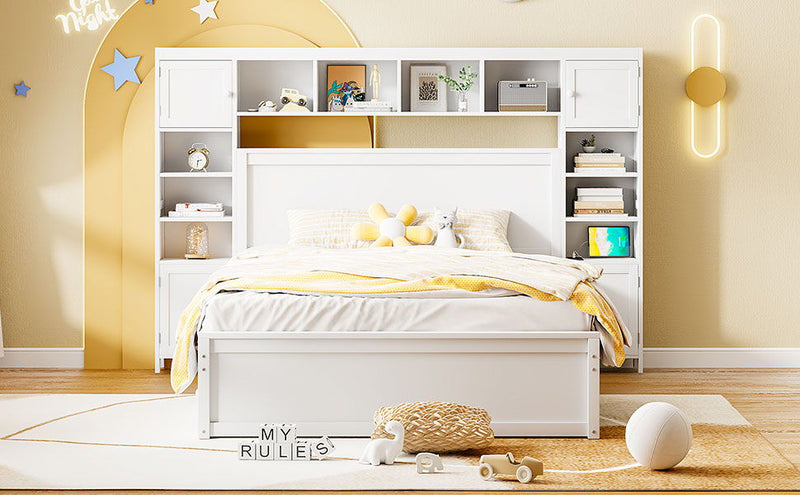 DreamHaus bed with all-in-one cabinet, shelf, sockets, twin long trundle, featuring integrated storage and sleeping area in a modern design.