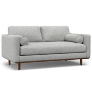 Simpli-Home Morrison upholstered stationary sofa with plush fabric and cushioned armrests, perfect for modern living rooms.