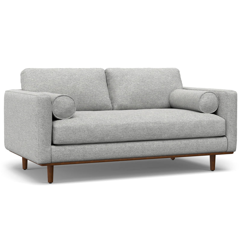 Simpli-Home Morrison upholstered stationary sofa with plush fabric and cushioned armrests, perfect for modern living rooms.