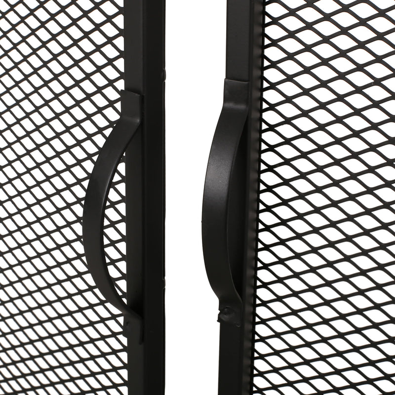 Noble House Samantha iron fireplace screen with a two-door design, featuring decorative black metal craftsmanship.