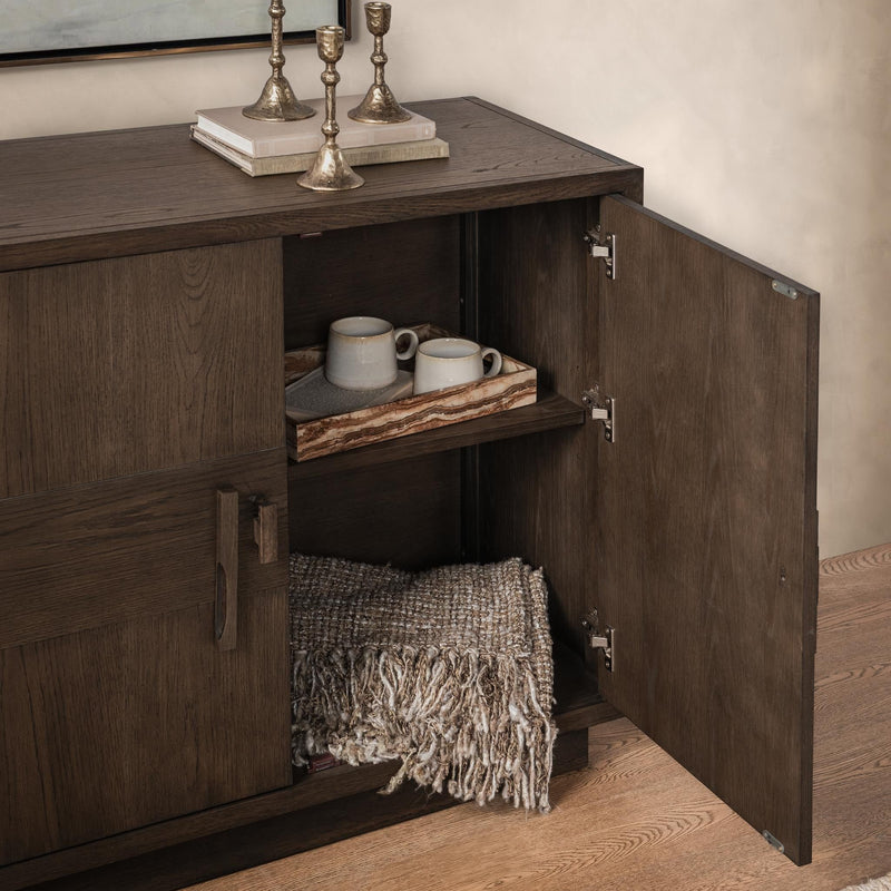 Classic Home Oakridge 4-door buffet cabinet in Havana Brown, showing the wood finish and spacious storage doors.
