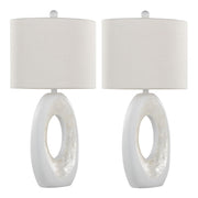 Set of two Lumi Source Pearl contemporary table lamps with matte white bases and natural shell accents, modern home décor lighting.