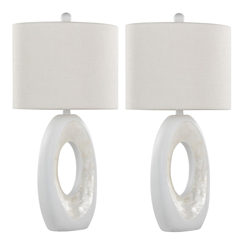 Set of two Lumi Source Pearl contemporary table lamps with matte white bases and natural shell accents, modern home décor lighting.