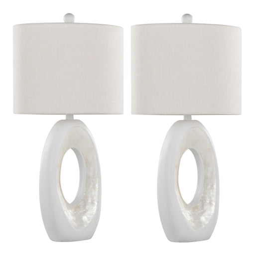 Set of two Lumi Source Pearl contemporary table lamps with matte white bases and natural shell accents, modern home décor lighting.