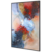 Abstract canvas art titled Summer Sunset in red by Uttermost, featuring vibrant, warm sunset-inspired colors on a textured surface.