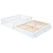 DreamHaus storage daybed with fence guardrails, two drawers, and a split design for independent floor bed and daybed use.