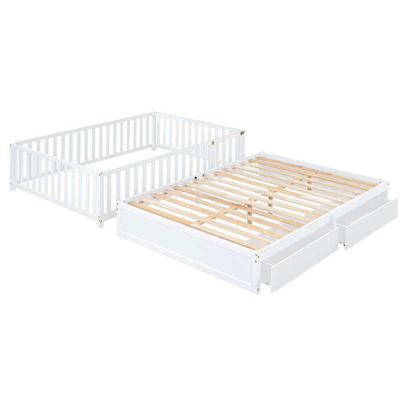 DreamHaus storage daybed with fence guardrails, two drawers, and a split design for independent floor bed and daybed use.