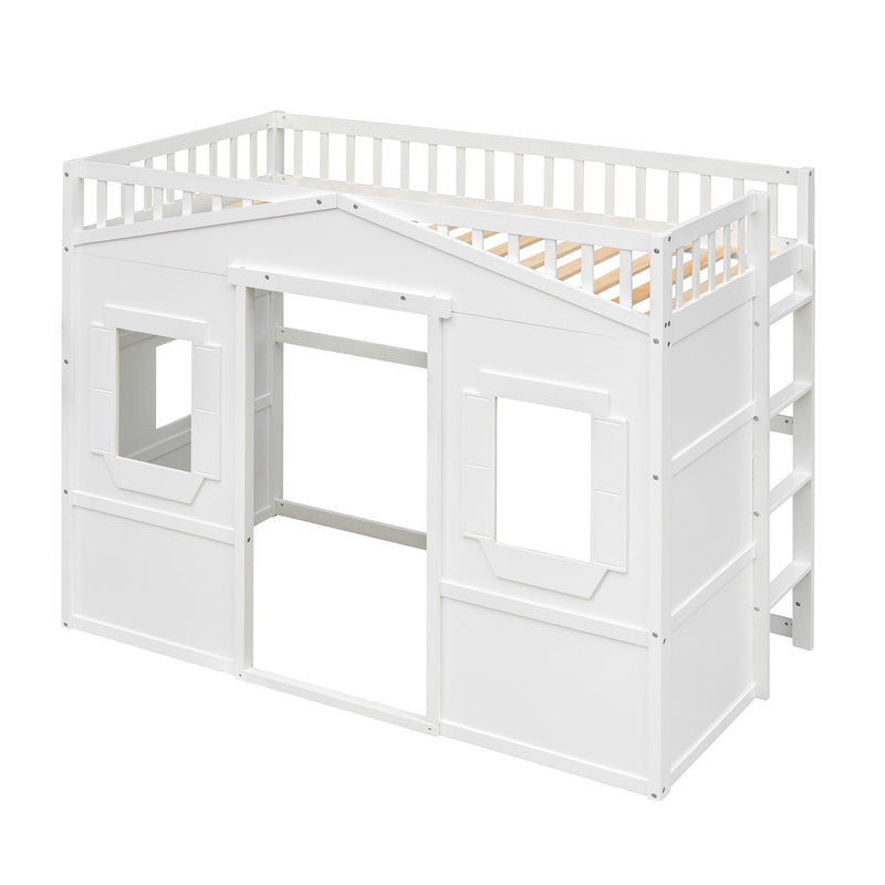 DreamHaus house loft bed with ladder, featuring a cozy sleeping area and sturdy wooden construction for kids or teens.
