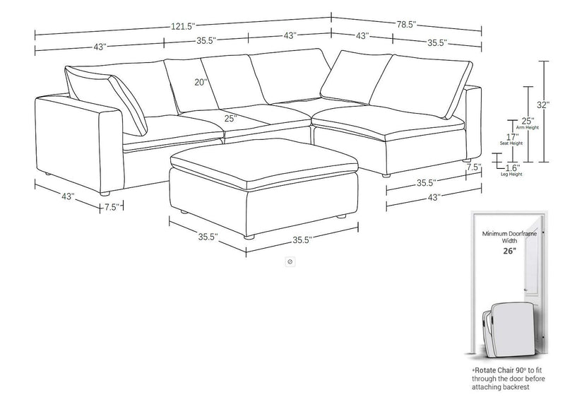 1100 - 5-Piece Right Arm Facing 3-Seat Sectional (Top-Grain Italian Leather)