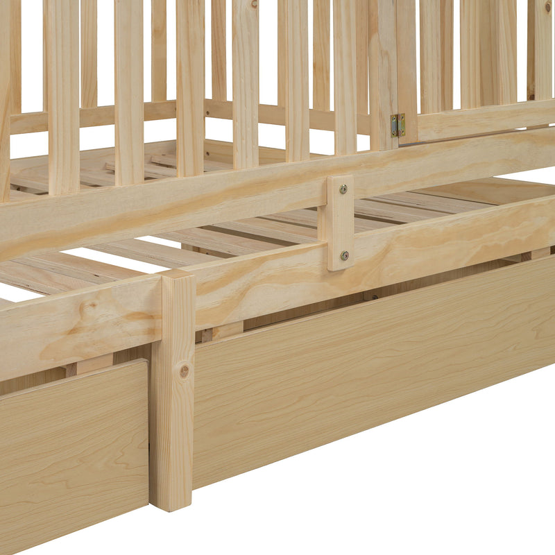 DreamHaus storage daybed with fence guardrails and two drawers, featuring a split design for floor bed and daybed use.