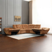 Orange chenille Emmy Power Motion Sectional Sofa by ACME with reclining seats and modern design in a spacious living room.