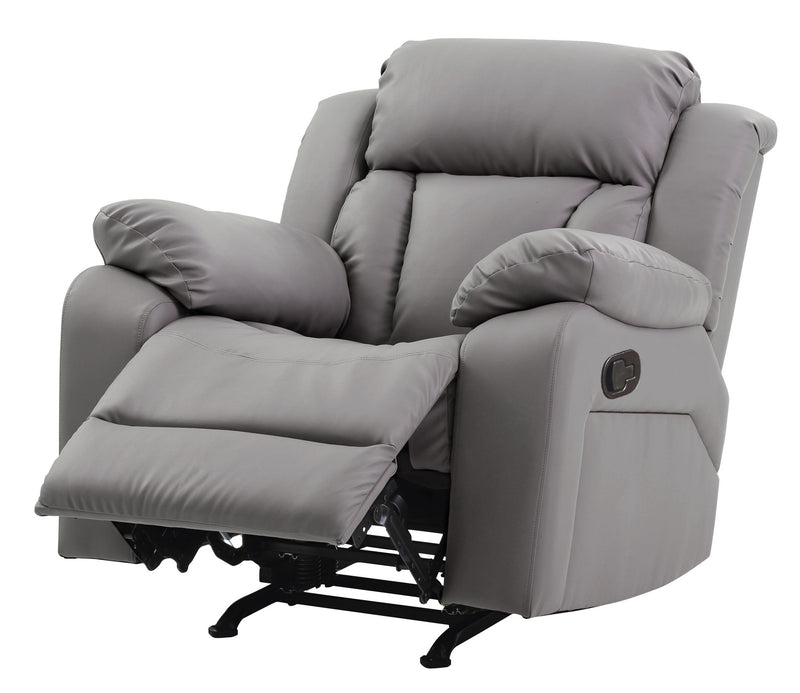 Glory Furniture comfortable rocking motion recliner with plush cushioning and wooden base, ideal for relaxing seating.