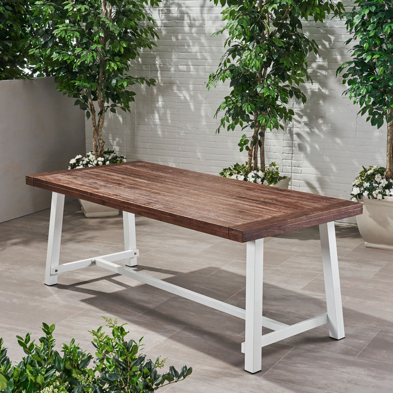 Noble House Equilibrium outdoor dining table with wooden frame and slat top, perfect for outdoor patio seating.