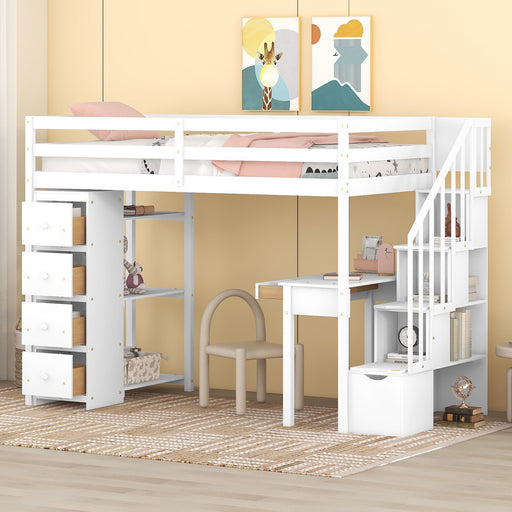 DreamHaus loft bed with built-in storage drawers, study desk, stairs with shelves, ideal for space-saving bedroom organization.
