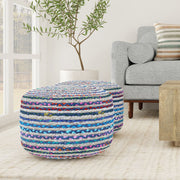 Simpli-Home Margo handcrafted round accent pouf with textured fabric and plush cushion, perfect for living room or bedroom decor.