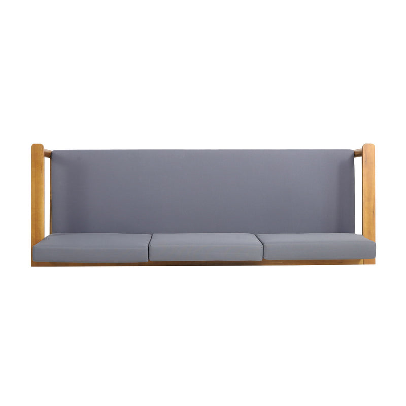 Dark gray outdoor 3-seater sofa with cushions and teak acacia wood frame by Noble House.