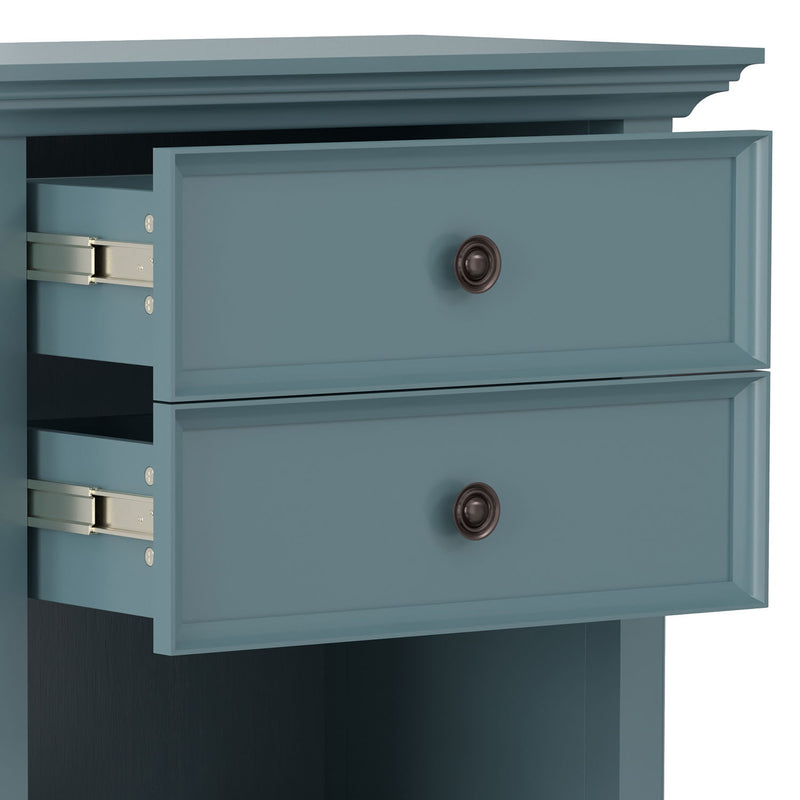 Handcrafted Amherst bedside table by Simpli-Home with a natural wood finish and simple design, perfect for bedroom storage.