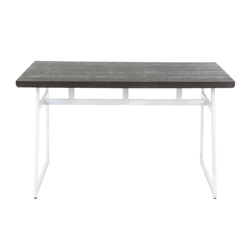 Lumi Source Geo industrial dining table with vintage white and espresso finish, featuring a sturdy wooden top and metal legs.