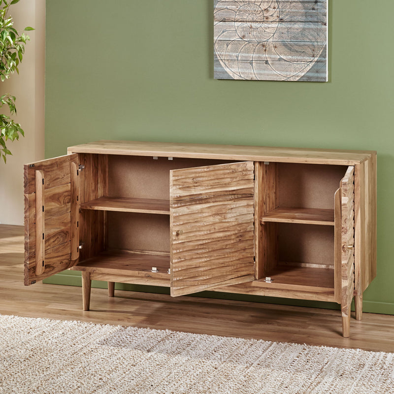 Boho handcrafted wood sideboard with three doors, carved texture, artisanal charm, in natural finish by Noble House.