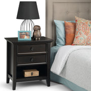 Handcrafted Amherst bedside table by Simpli-Home, featuring a wooden surface and storage drawer for bedroom organization.