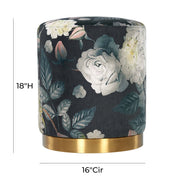 TOV Furniture floral velvet ottoman with dark gray upholstery and gold metal base, decorative and plush for living room decor.