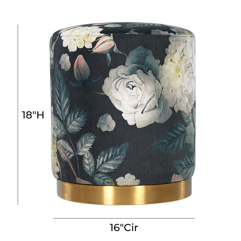 TOV Furniture floral velvet ottoman with dark gray upholstery and gold metal base, decorative and plush for living room decor.