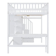 DreamHaus loft bed with integrated bookshelf, drawers, desk, and wardrobe, showcasing a modern, multi-functional bedroom furniture setup.