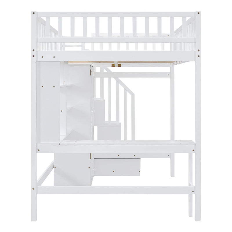 DreamHaus loft bed with integrated bookshelf, drawers, desk, and wardrobe, showcasing a modern, multi-functional bedroom furniture setup.