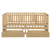 DreamHaus storage daybed with fence guardrails, two drawers, convertible into a floor bed for versatile sleeping and storage solutions.