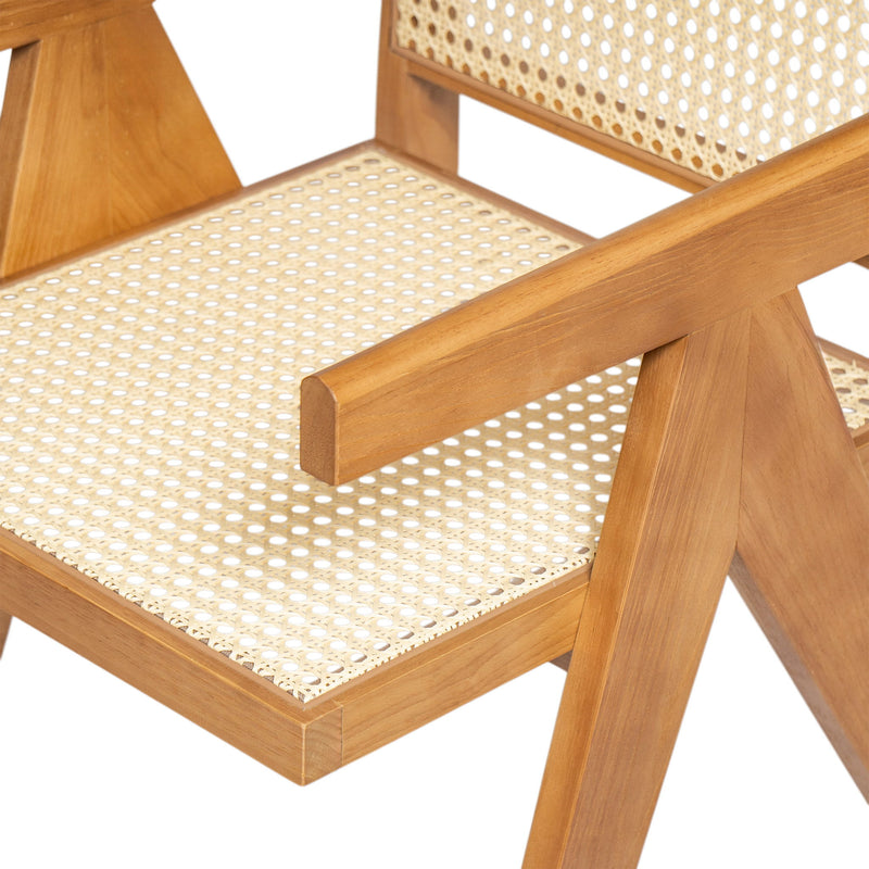 Set of two Noble House Chandigarh arm dining chairs with natural cane design and wooden frames, showcasing elegant modern dining furniture.