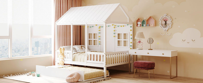 DreamHaus house bed with twin size trundle and daybed, featuring a cozy wooden frame and playful house-shaped design.