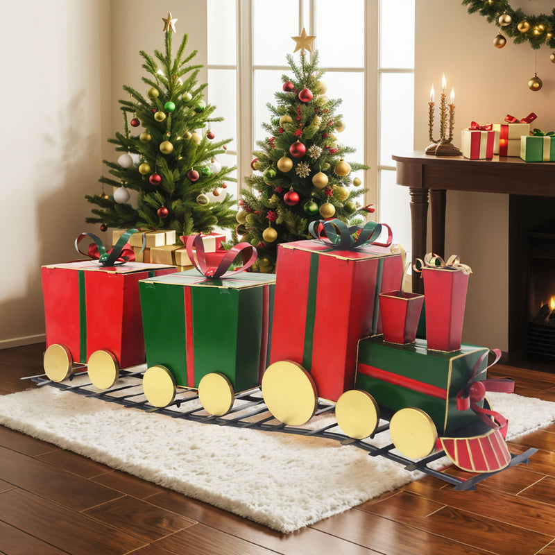 Festive Noble House Christmas train decor with red gift-shaped carriages, ideal for holiday decoration and festive displays.