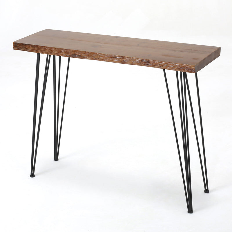 Modern industrial bar table by Noble House with metal hairpin legs and a natural wood veneer top.