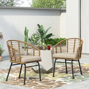 Noble House Randy modern brown wicker arm chair with water-resistant beige cushions, stylish outdoor seating.