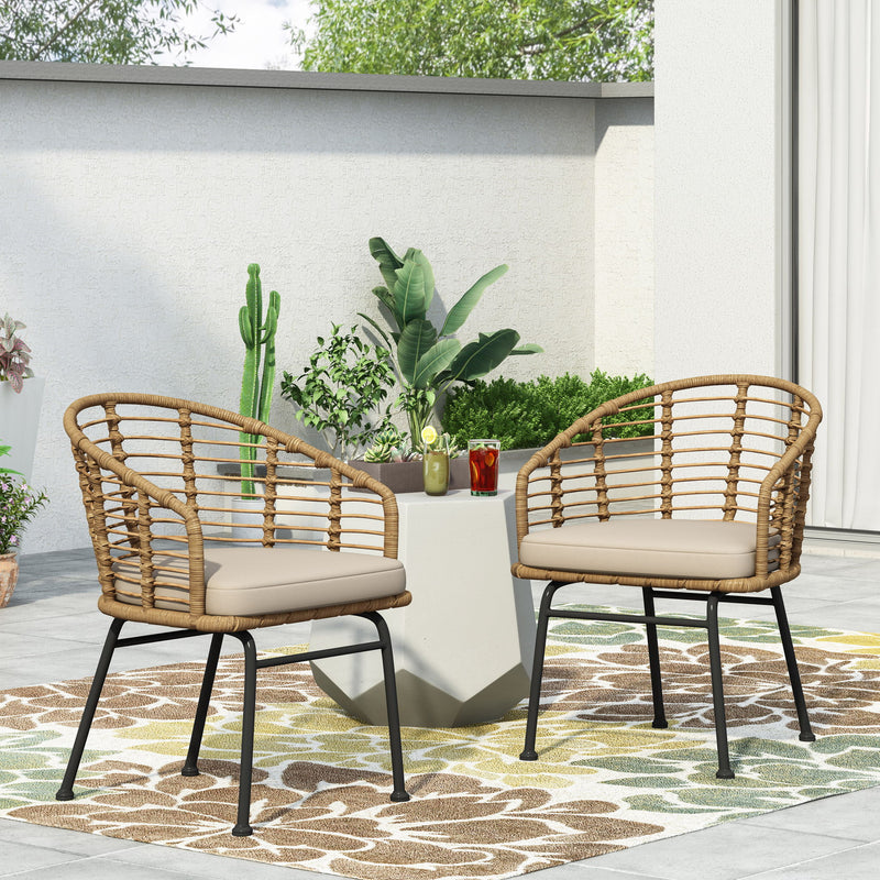 Noble House Randy modern brown wicker arm chair with water-resistant beige cushions, stylish outdoor seating.