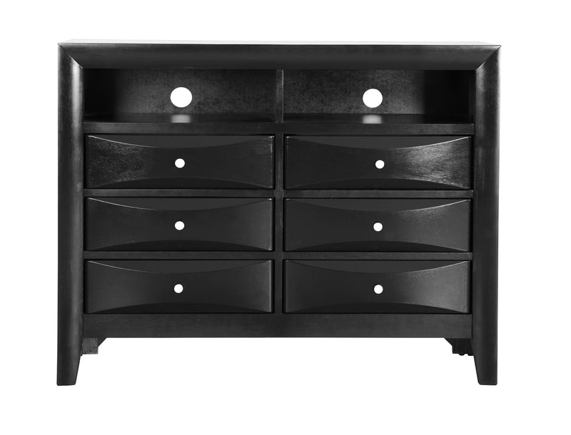 Glory Furniture Marilla media chest with multiple drawers and a sleek wood finish, ideal for TV and media storage.