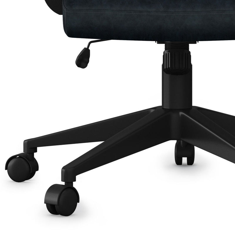 Simpli-Home Swivel Office Chair in distressed blue fabric with armrests and adjustable height for a modern workspace.