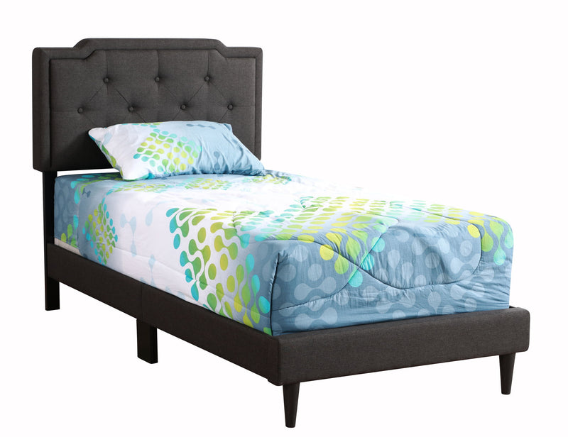 Upholstered button-tufted bed in a cozy bedroom featuring a plush fabric headboard and stylish design by Glory Furniture.