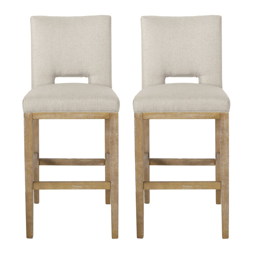 Set of two Noble House wheat-colored counter stools with wooden legs and cushioned seats, ideal for kitchen or bar seating.