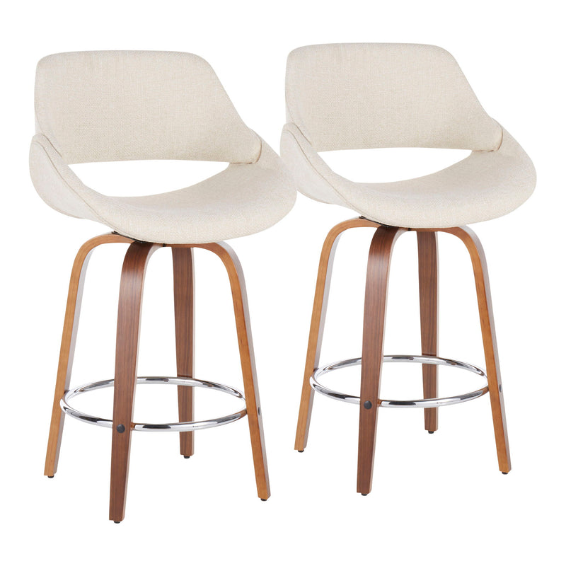 Set of two Lumi Source Fabrico Mid Century Modern counter stools with wooden seats and black metal legs.