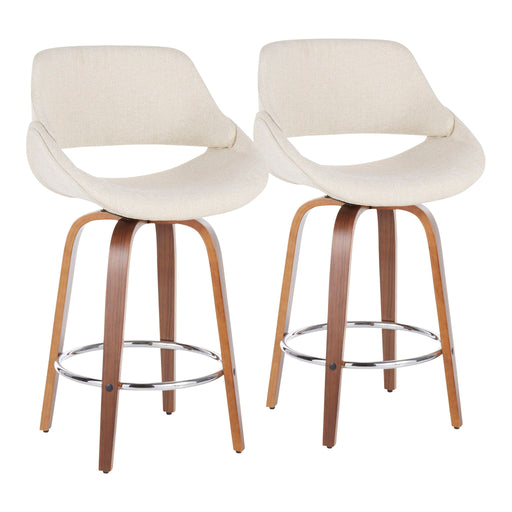 Set of two Lumi Source Fabrico Mid Century Modern counter stools with wooden seats and black metal legs.