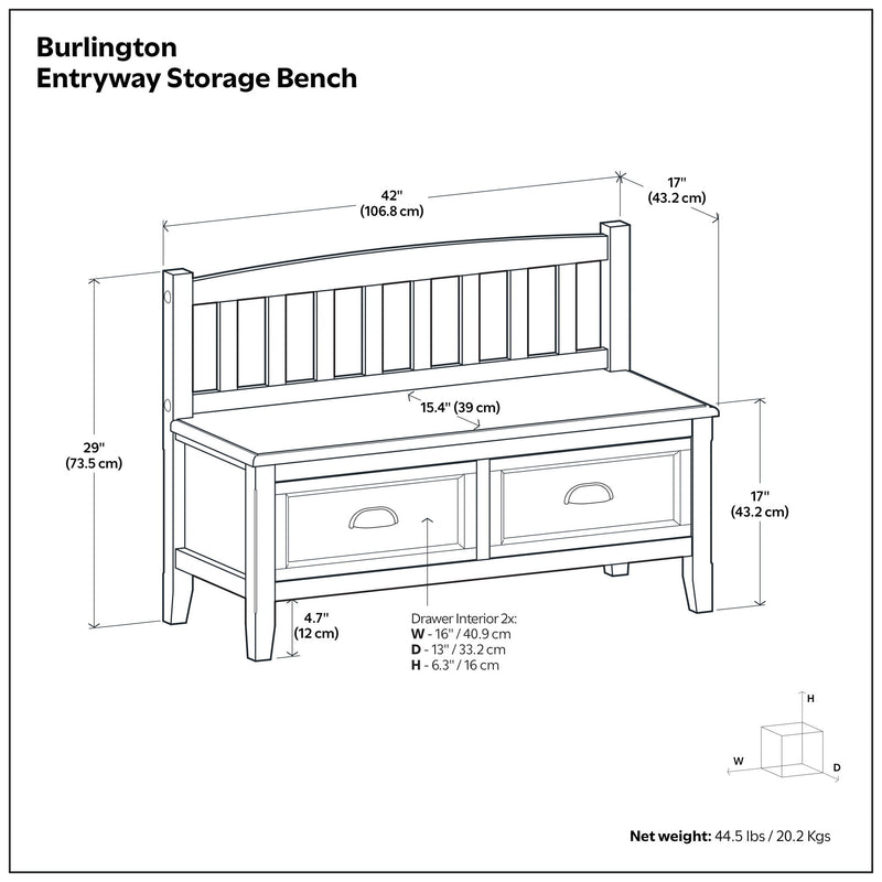 Simpli-Home Burlington entryway storage bench with drawers, made of wood with a cushioned top and multiple storage compartments.
