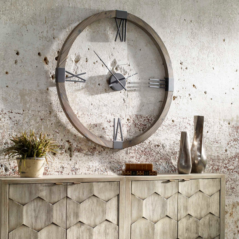 Uttermost Marcelo modern wall clock with light brown wooden frame and minimalist design for contemporary home decor.