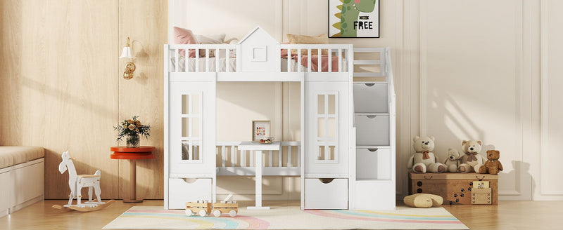 DreamHaus twin over twin bunk bed with changeable table, upper bed and down desk, featuring a modern wooden design and space-saving layout.