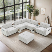 Sectional With Acrylic Table Top U Shaped Couch Set With 2 Consoles USB Charger, Storage Drawers And Pockets Movable Ottoman Tufted Sofa - R&R Furniture Gallery (Fountain Valley, CA)