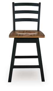 Pair of Wildenauer swivel stools from Signature Design by Ashley® with wooden seats and metal legs, set of two, suitable for kitchen or bar.