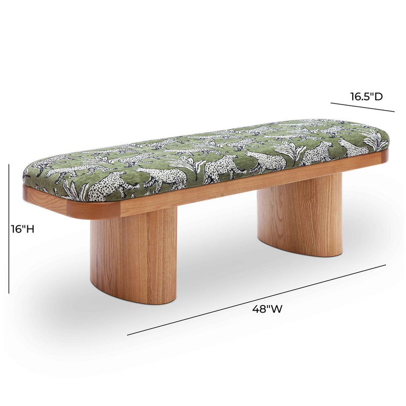 Upholstered Ollie bench by TOV Furniture featuring a plush fabric seat and sleek wooden legs, perfect for modern living spaces.