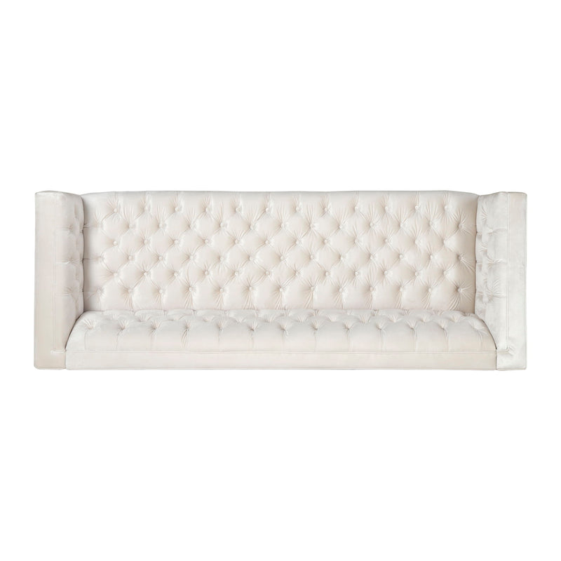 Contemporary Noble House 3-seater stationary sofa with button tufting, beige fabric, and modern design for living room decor.