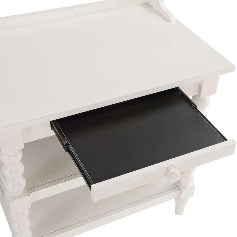 Aria - Nightstand With Styling, 2 Shelves, Pull Out Tray, Spool Turned Legs - Antique White - R&R Furniture Gallery (Fountain Valley, CA)